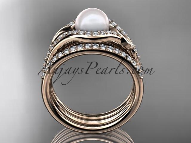 14k rose gold diamond pearl leaf engagement ring with a double matching band AP334S - AnjaysDesigns