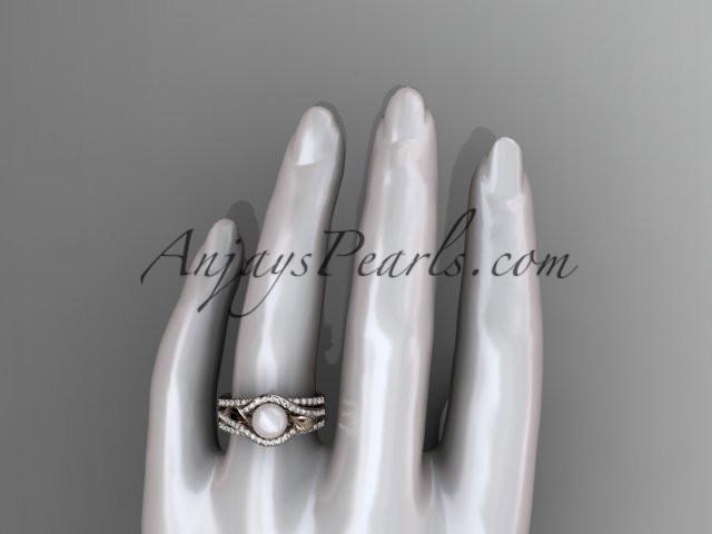 14k rose gold diamond pearl leaf engagement ring with a double matching band AP334S - AnjaysDesigns