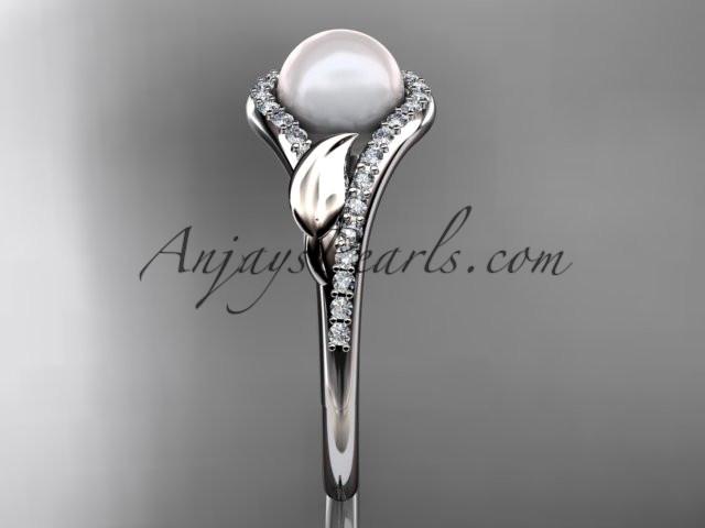 Platinum diamond pearl leaf engagement ring AP334 - AnjaysDesigns