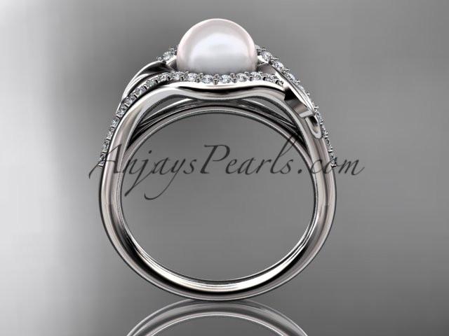 14k white gold diamond pearl leaf engagement ring AP334 - AnjaysDesigns