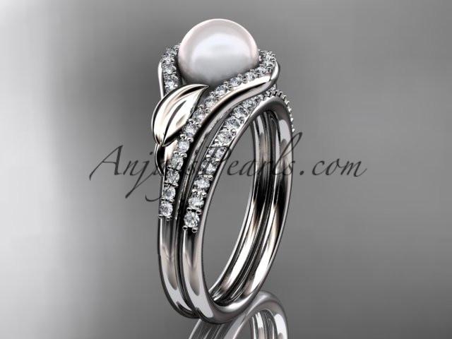 14k white gold diamond pearl leaf engagement set AP334S - AnjaysDesigns