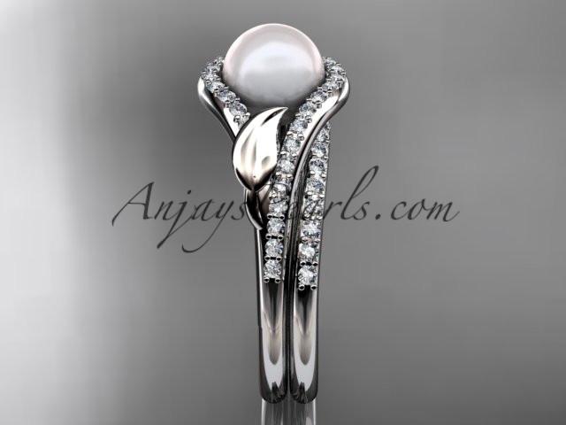 platinum diamond pearl leaf engagement set AP334S - AnjaysDesigns