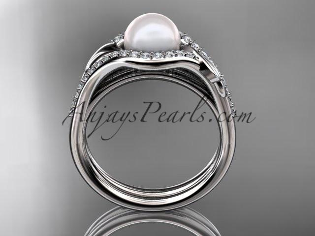 14k white gold diamond pearl leaf engagement set AP334S - AnjaysDesigns