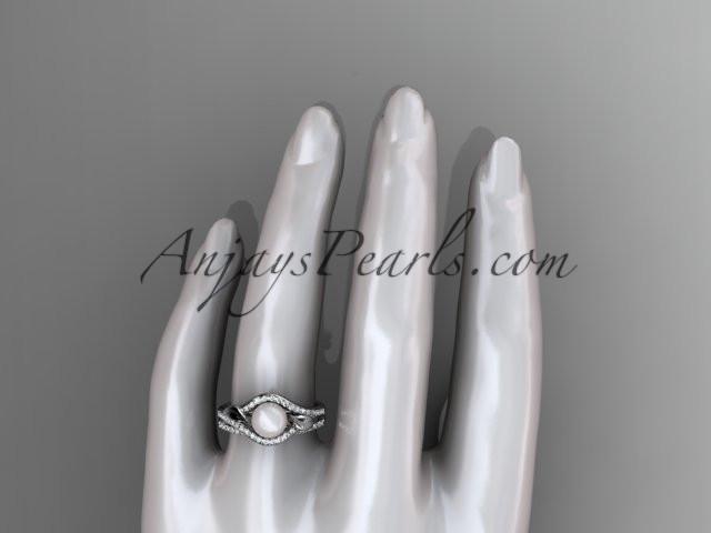 14k white gold diamond pearl leaf engagement set AP334S - AnjaysDesigns