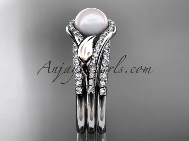 14k white gold diamond pearl leaf engagement ring with a double matching band AP334S - AnjaysDesigns