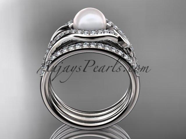 14k white gold diamond pearl leaf engagement ring with a double matching band AP334S - AnjaysDesigns