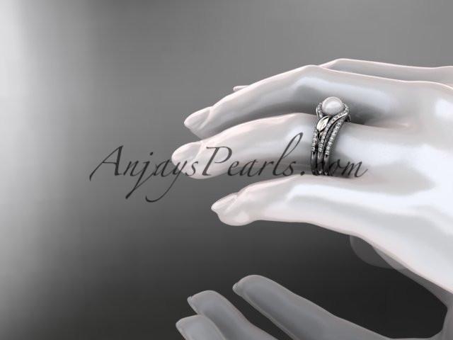 14k white gold diamond pearl leaf engagement ring with a double matching band AP334S - AnjaysDesigns