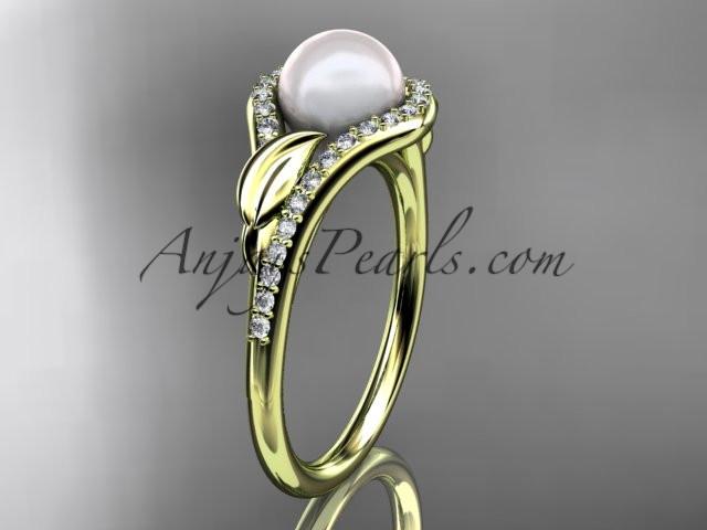 14k yellow gold diamond pearl leaf engagement ring AP334 - AnjaysDesigns