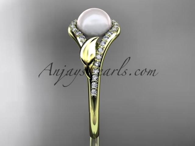 14k yellow gold diamond pearl leaf engagement ring AP334 - AnjaysDesigns