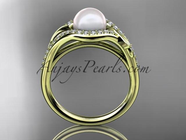 14k yellow gold diamond pearl leaf engagement ring AP334 - AnjaysDesigns
