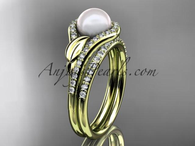 14k yellow gold diamond pearl leaf engagement set AP334S - AnjaysDesigns