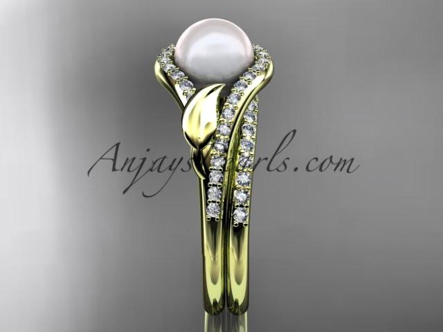 14k yellow gold diamond pearl leaf engagement set AP334S - AnjaysDesigns