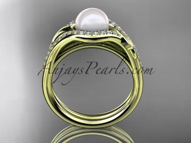 14k yellow gold diamond pearl leaf engagement set AP334S - AnjaysDesigns