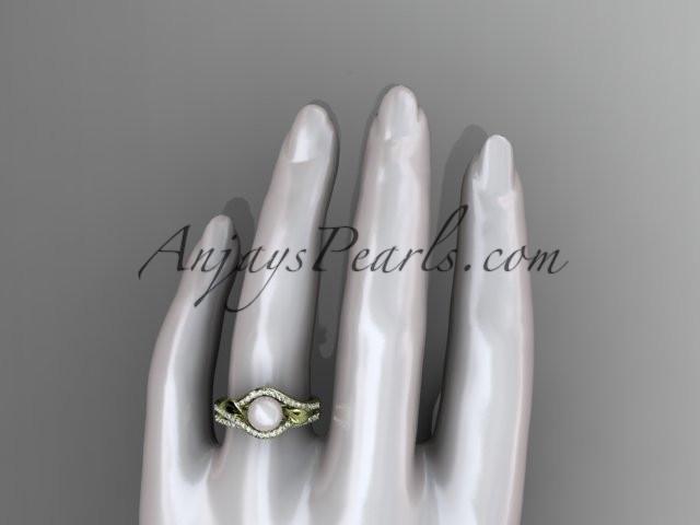 14k yellow gold diamond pearl leaf engagement set AP334S - AnjaysDesigns