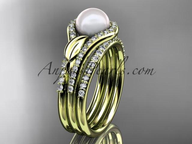 14k yellow gold diamond pearl leaf engagement ring with a double matching band AP334S - AnjaysDesigns