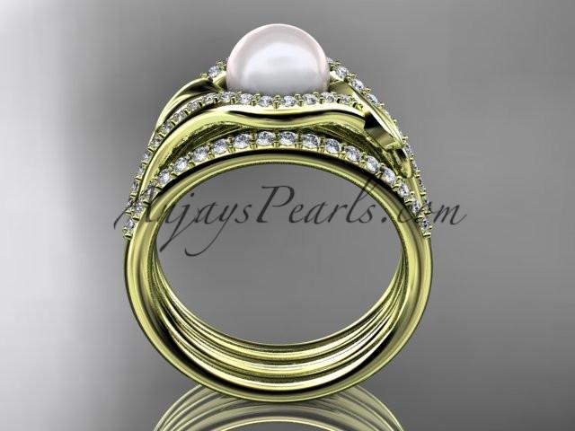 14k yellow gold diamond pearl leaf engagement ring with a double matching band AP334S - AnjaysDesigns