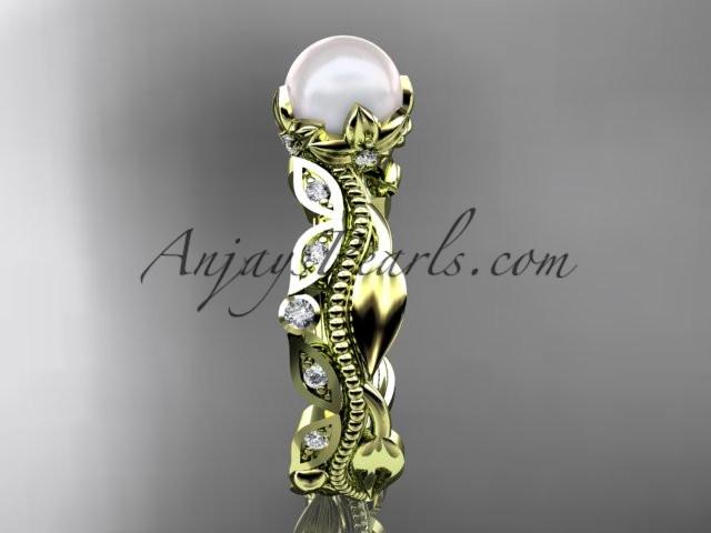 14kt yellow gold diamond pearl unique engagement ring, wedding ring AP342 - AnjaysDesigns