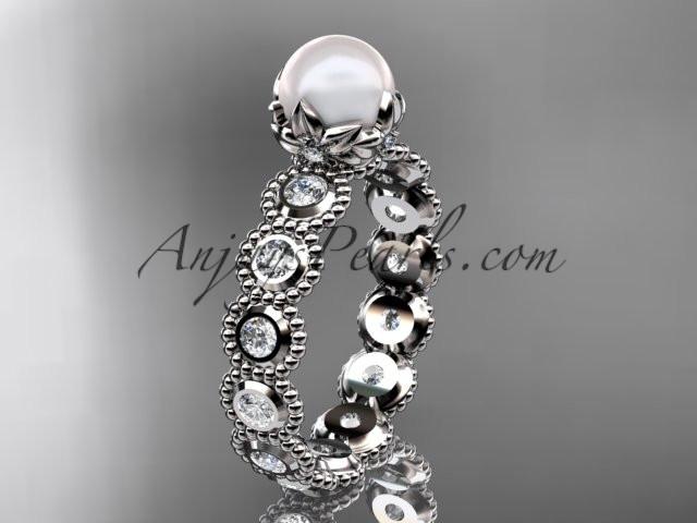 14kt white gold diamond pearl unique engagement ring, wedding ring AP345 - AnjaysDesigns