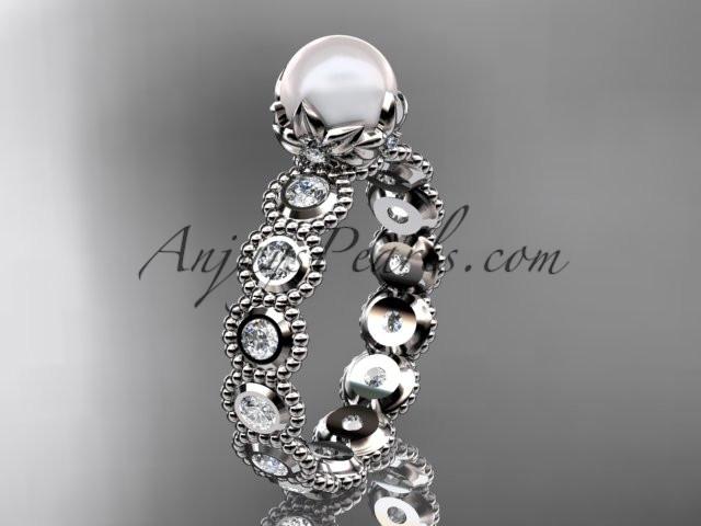 Platinum diamond pearl unique engagement ring, wedding ring AP345 - AnjaysDesigns