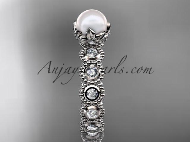 Platinum diamond pearl unique engagement ring, wedding ring AP345 - AnjaysDesigns