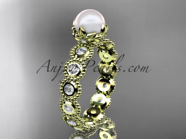 14kt yellow gold diamond pearl unique engagement ring, wedding ring AP345 - AnjaysDesigns