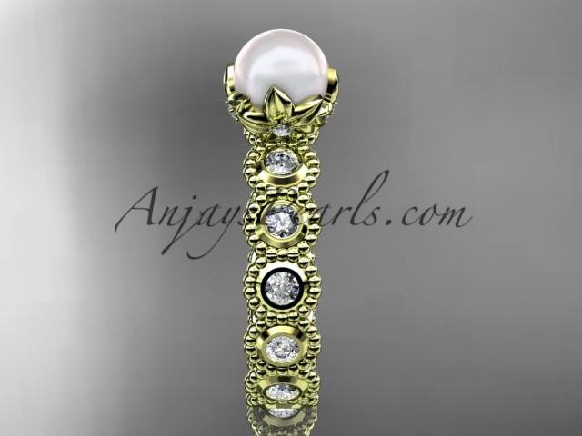 14kt yellow gold diamond pearl unique engagement ring, wedding ring AP345 - AnjaysDesigns