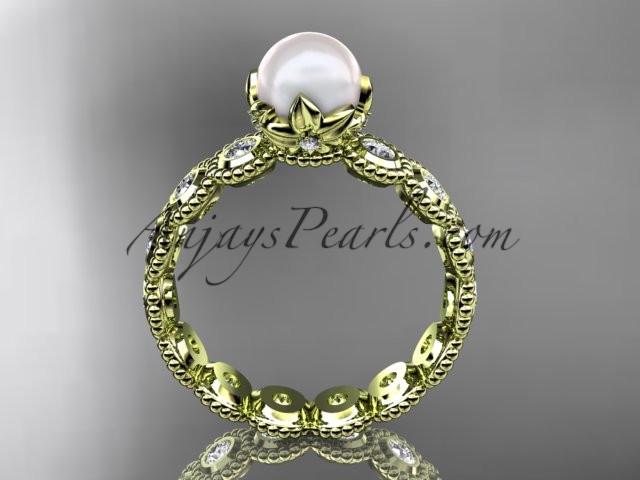 14kt yellow gold diamond pearl unique engagement ring, wedding ring AP345 - AnjaysDesigns