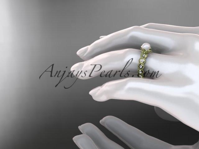 14kt yellow gold diamond pearl unique engagement ring, wedding ring AP345 - AnjaysDesigns