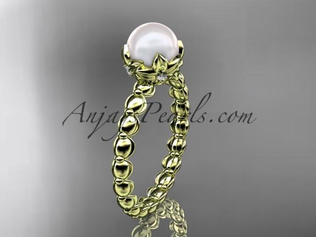 14kt yellow gold diamond leaf and vine, floral pearl wedding ring, engagement ring AP34 - AnjaysDesigns