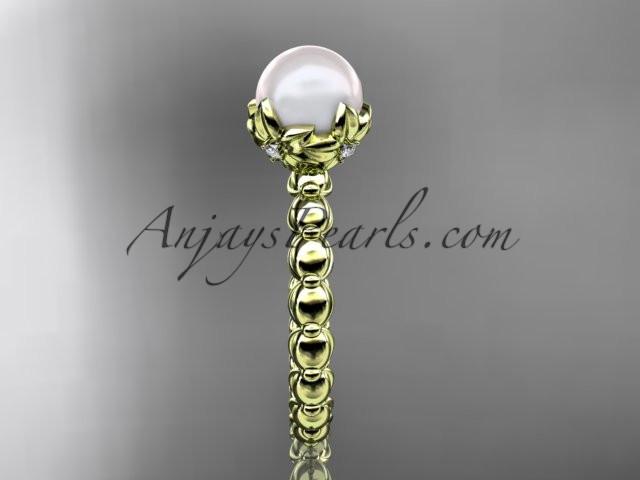14kt yellow gold diamond leaf and vine, floral pearl wedding ring, engagement ring AP34 - AnjaysDesigns