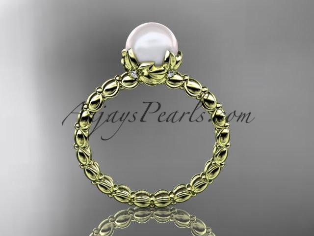 14kt yellow gold diamond leaf and vine, floral pearl wedding ring, engagement ring AP34 - AnjaysDesigns