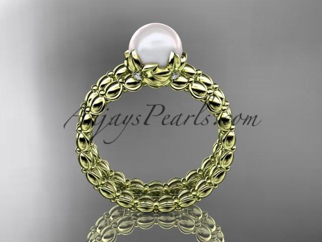 14kt yellow gold diamond leaf and vine, floral pearl wedding set, engagement set AP34S - AnjaysDesigns