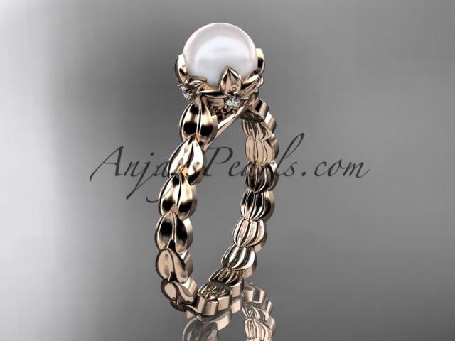 14kt rose gold diamond leaf and vine, floral pearl wedding ring, engagement ring AP35 - AnjaysDesigns