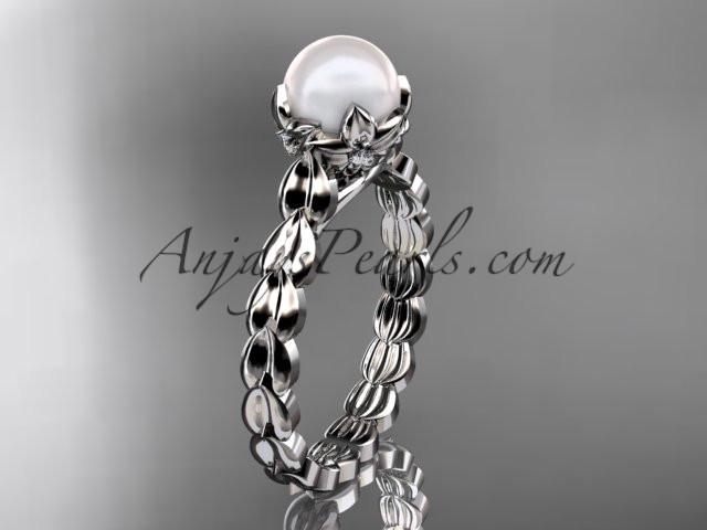 Platinum diamond leaf and vine, floral pearl wedding ring, engagement ring AP35 - AnjaysDesigns
