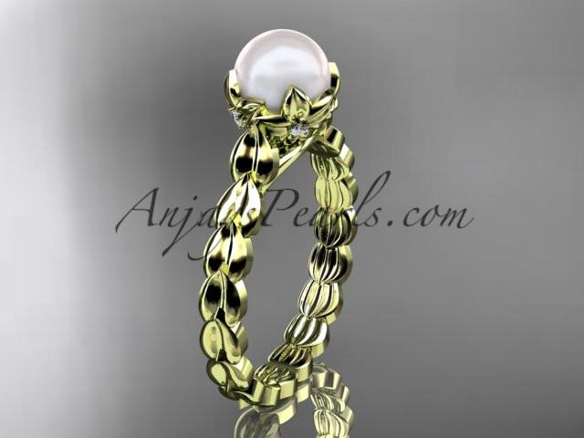 14kt yellow gold diamond leaf and vine, floral pearl wedding ring, engagement ring AP35 - AnjaysDesigns