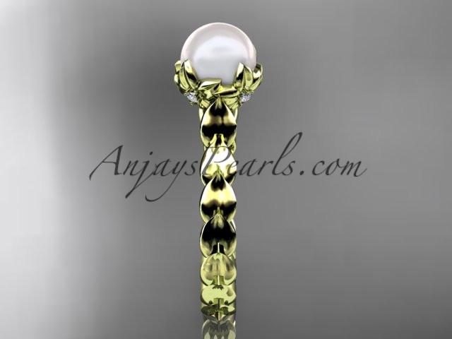 14kt yellow gold diamond leaf and vine, floral pearl wedding ring, engagement ring AP35 - AnjaysDesigns