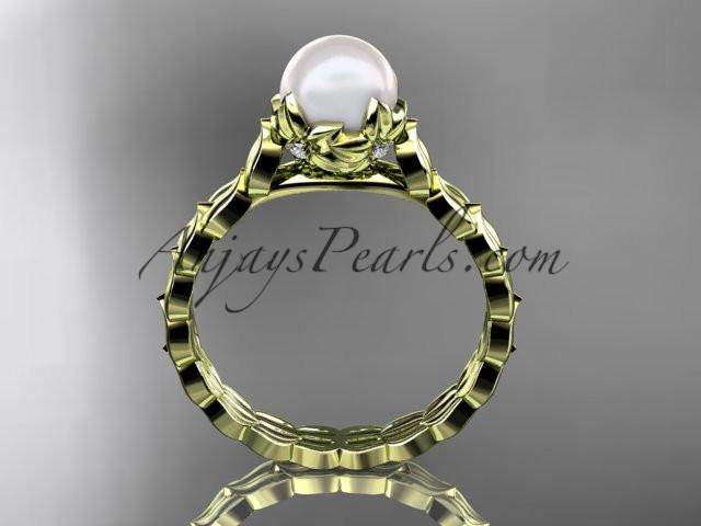 14kt yellow gold diamond leaf and vine, floral pearl wedding ring, engagement ring AP35 - AnjaysDesigns