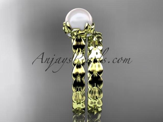 14kt yellow gold diamond leaf and vine, floral pearl wedding set, engagement set AP35S - AnjaysDesigns