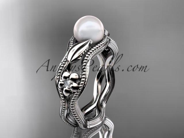 platinum diamond pearl flower, leaf and vine engagement ring AP382 - AnjaysDesigns