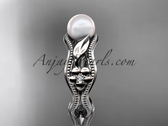 platinum diamond pearl flower, leaf and vine engagement ring AP382 - AnjaysDesigns