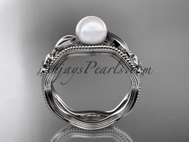platinum diamond pearl flower, leaf and vine engagement ring AP382 - AnjaysDesigns