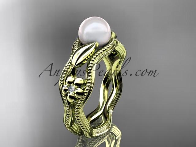 14kt yellow gold diamond pearl flower, leaf and vine engagement ring AP382 - AnjaysDesigns