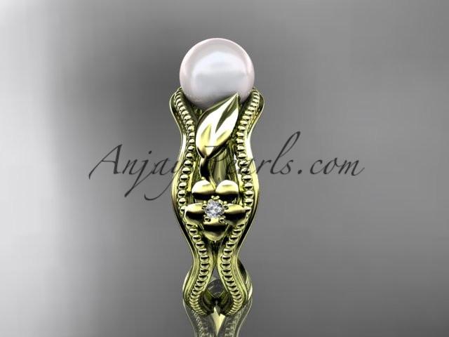 14kt yellow gold diamond pearl flower, leaf and vine engagement ring AP382 - AnjaysDesigns