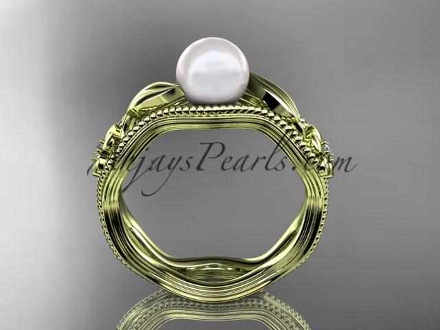 14kt yellow gold diamond pearl flower, leaf and vine engagement ring AP382 - AnjaysDesigns