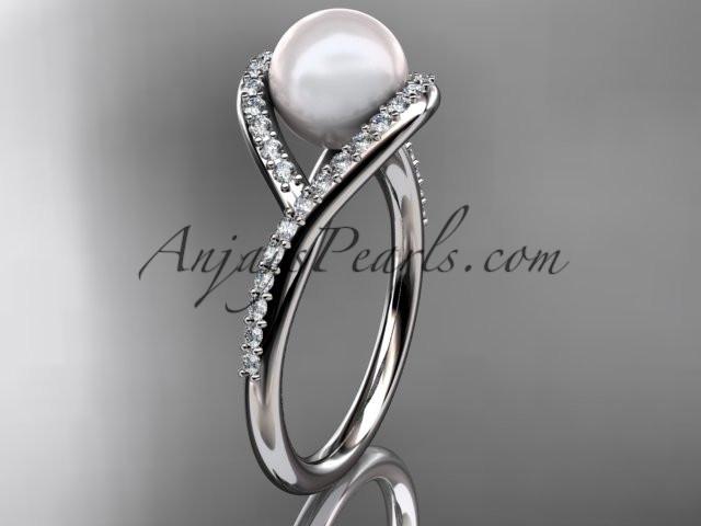 14kt white gold diamond pearl unique engagement ring, wedding ring AP383 - AnjaysDesigns