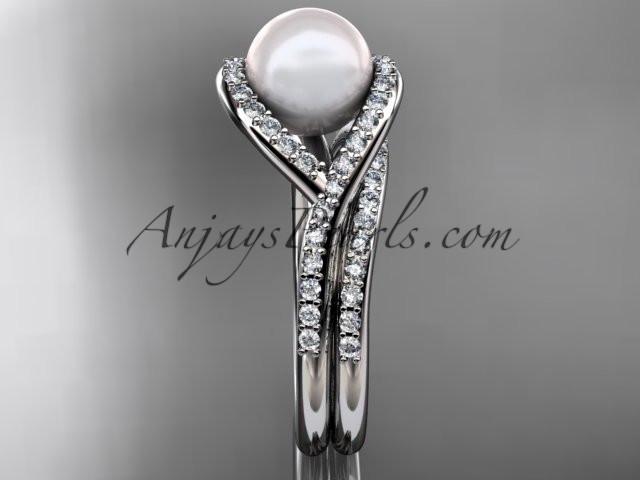 platinum diamond pearl unique engagement set, wedding ring AP383S - AnjaysDesigns