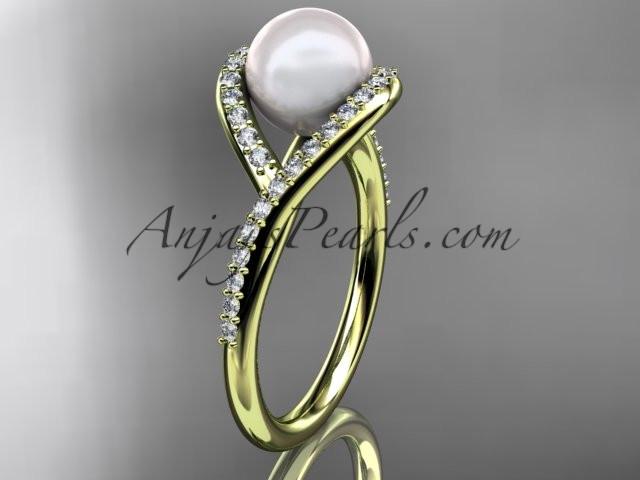 14kt yellow gold diamond pearl unique engagement ring, wedding ring AP383 - AnjaysDesigns