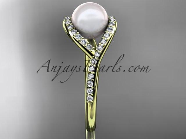 14kt yellow gold diamond pearl unique engagement ring, wedding ring AP383 - AnjaysDesigns