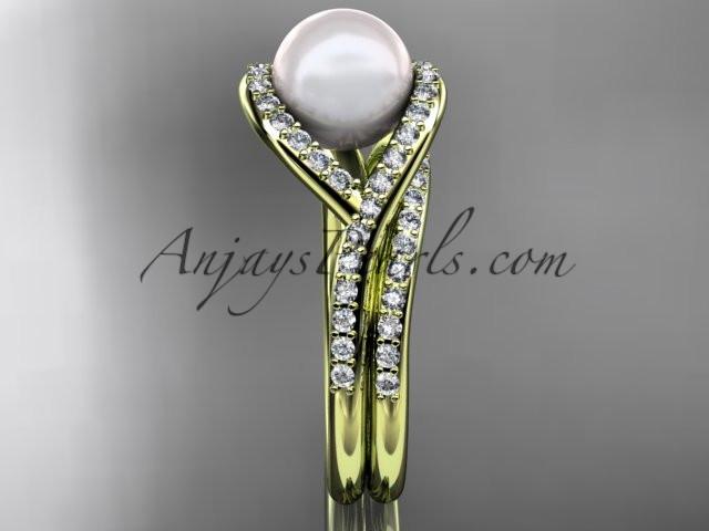 14kt yellow gold diamond pearl unique engagement set, wedding ring AP383S - AnjaysDesigns