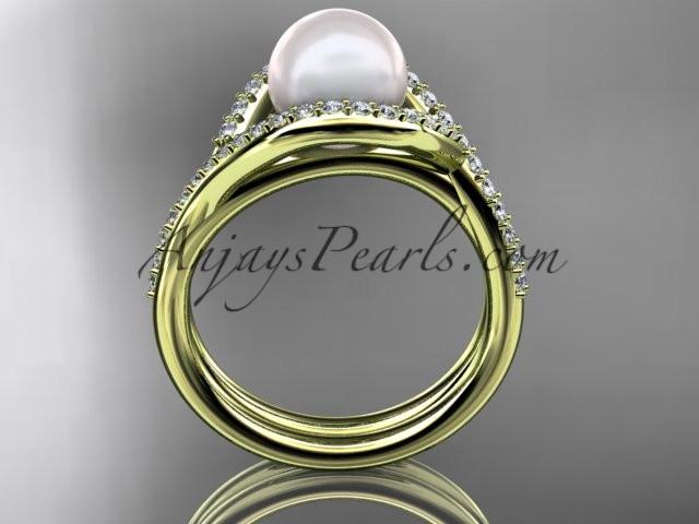 14kt yellow gold diamond pearl unique engagement set, wedding ring AP383S - AnjaysDesigns